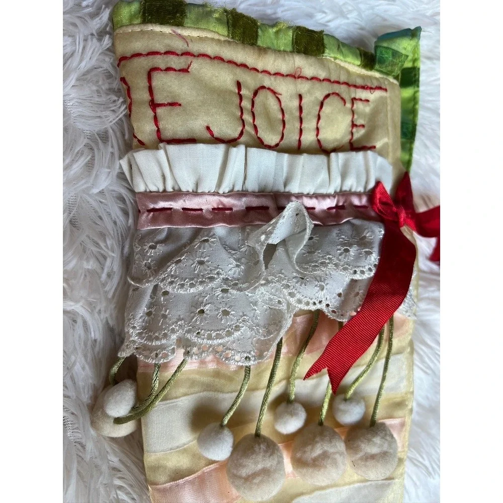 Dept 56 Christmas Stocking Big Vintage Rejoice Elf Curled Toe Lace Jester Shabby